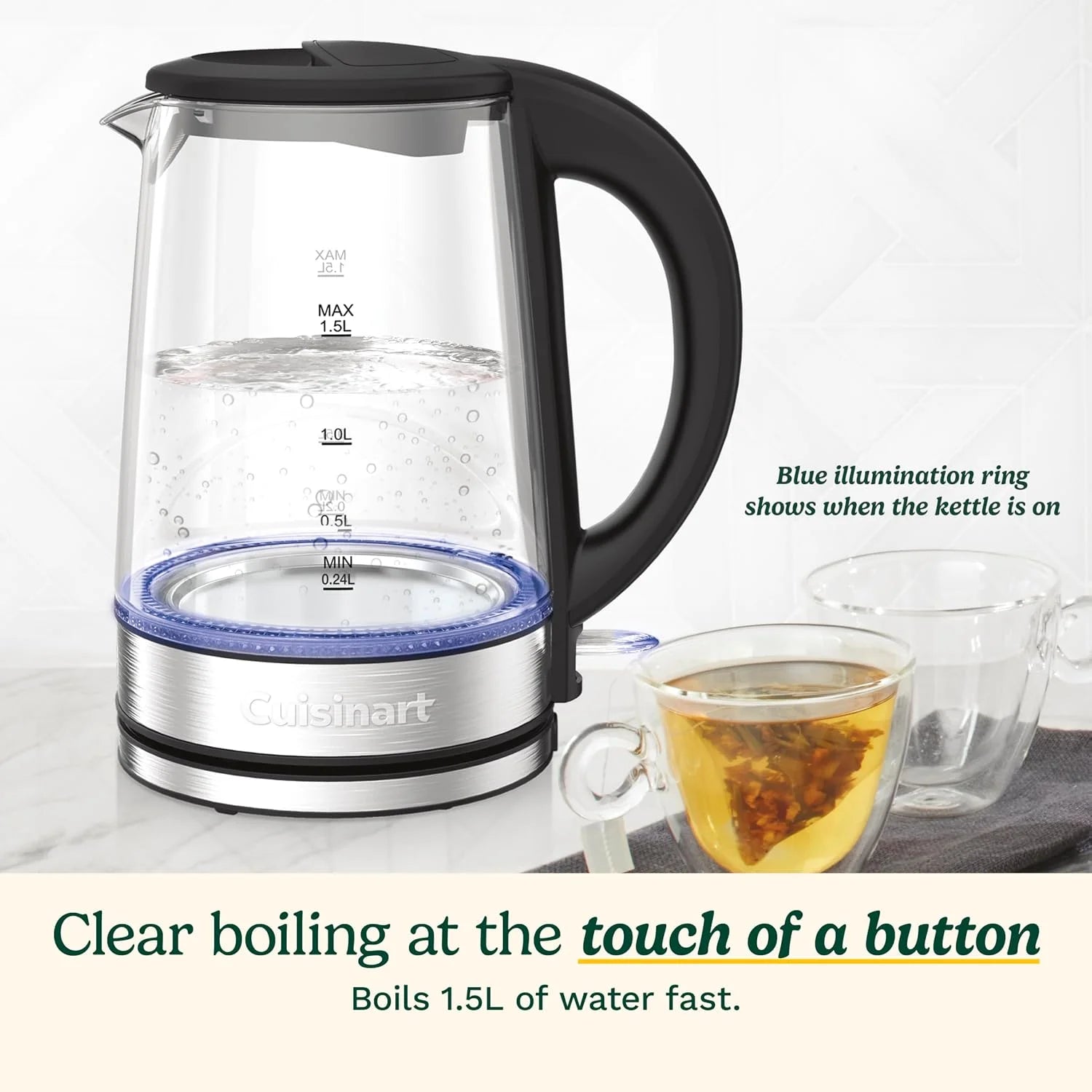 Cuisinart 1.5L Glass Kettle, Illumination, BPA-Free, Easy-Pour Nondrip Spout, Hinged Lid Opening, 1-Cup Marking, and 360-Degree Rotational Base, Auto Shut-Off
