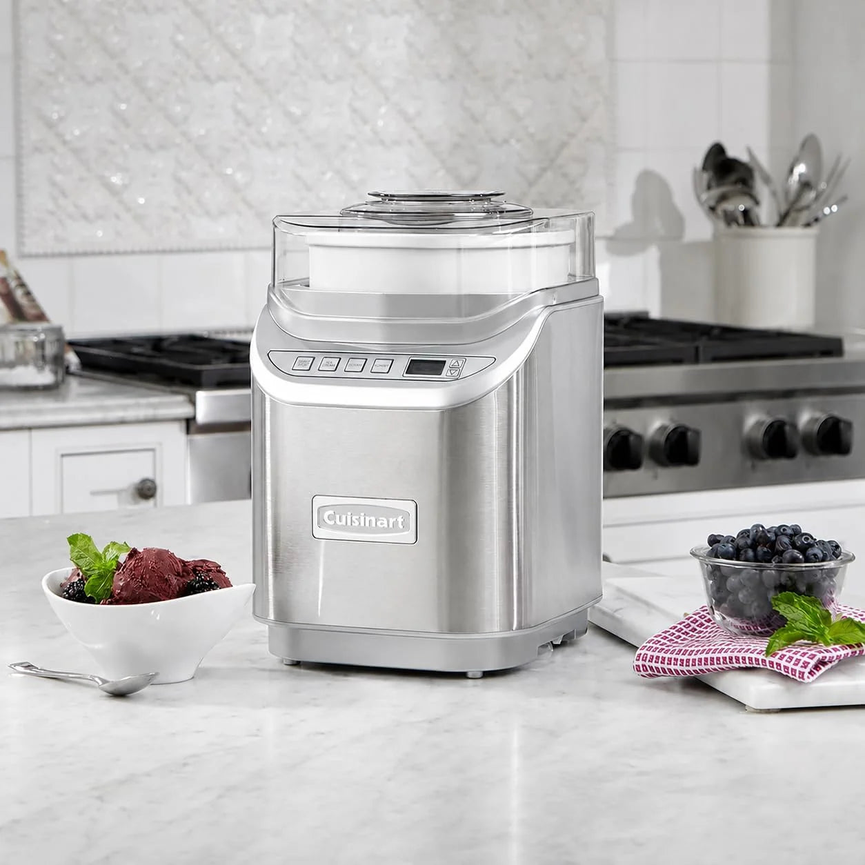 Cuisinart Ice Cream Maker Machine, 2-Quart Stainless Steel Frozen Yogurt, Gelato, Sorbet, Ready in 20 Minutes, LCD Screen and Timer, ICE-70WB