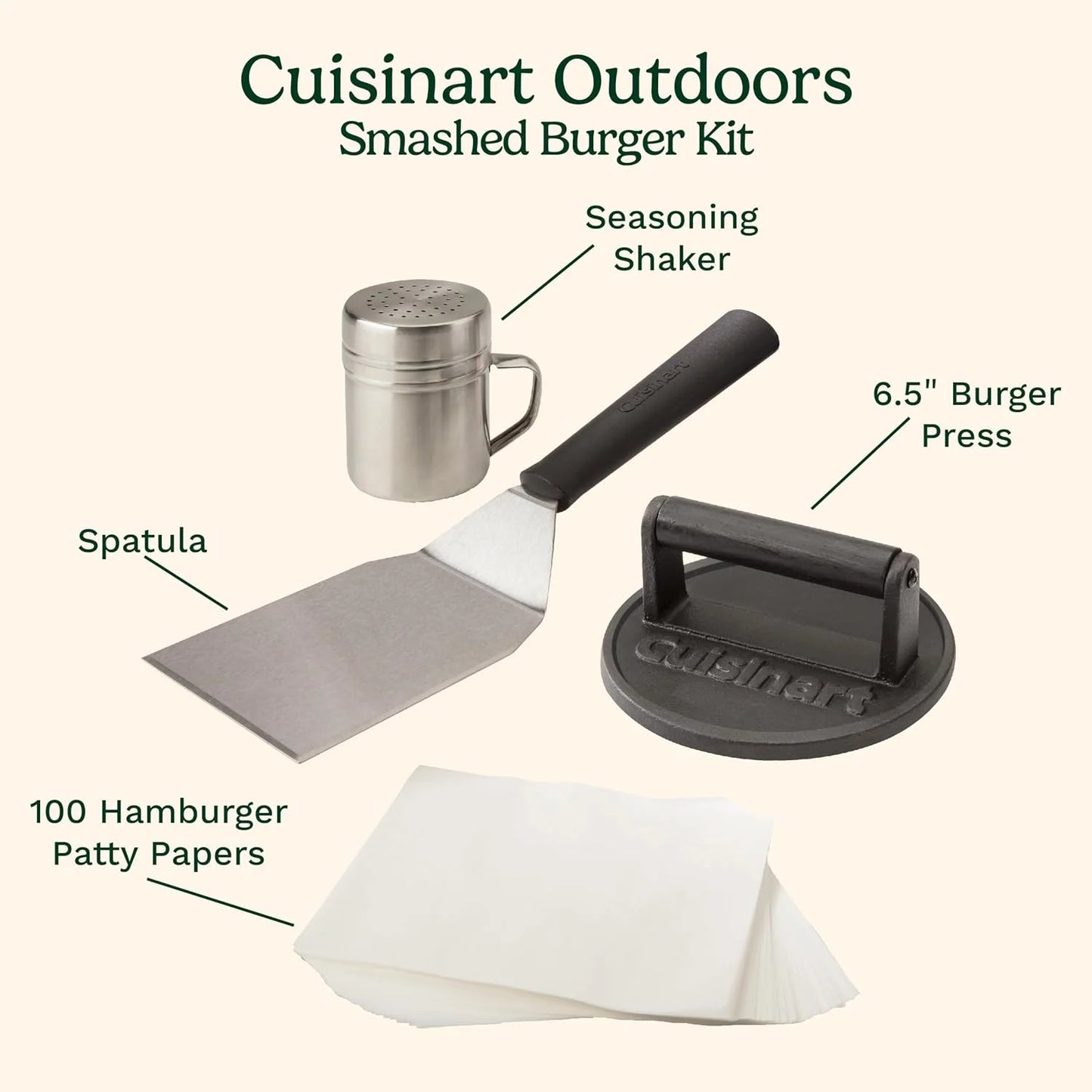 Cuisinart Smash Burger Kit w/Burger Press, Spatula, Shaker & Patty Papers