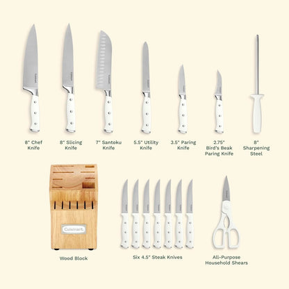 Cuisinart 15-Piece Knife Set with Block, High Carbon Stainless Steel, Forged Triple Rivet, White, C77WTR-15P (Pack of 2)