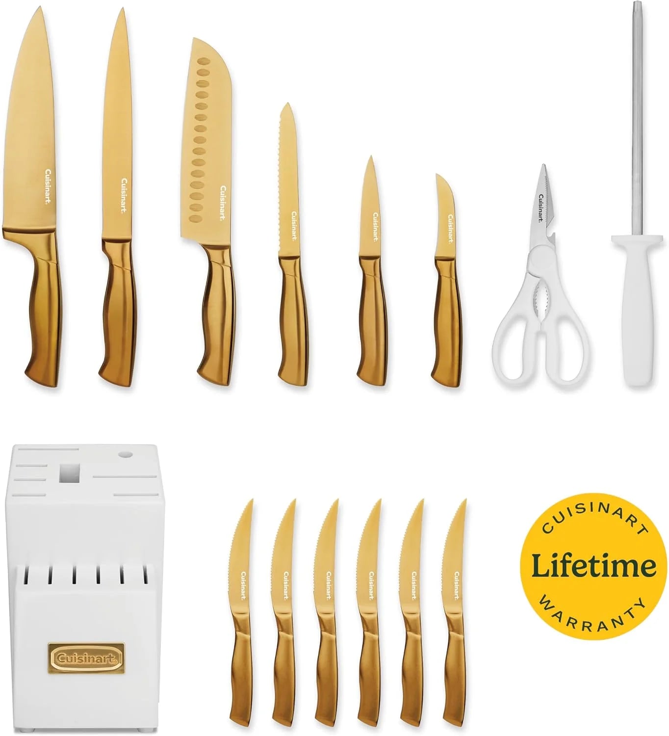 Cuisinart Professional Block Knife Set, 15pc Cutlery Knife Set with Steel Blades for Precise Cutting, Lightweight, Stainless Steel, Durable & Dishwasher Safe (White/Gold)