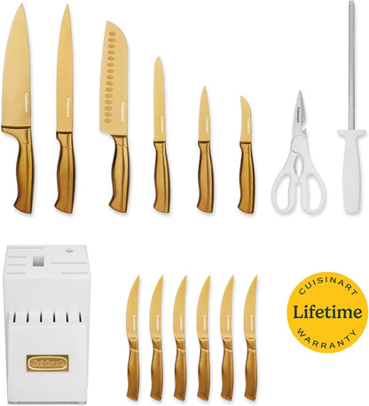 Cuisinart Professional Block Knife Set, 15pc Cutlery Knife Set with Steel Blades for Precise Cutting, Lightweight, Stainless Steel, Durable & Dishwasher Safe (White/Gold)