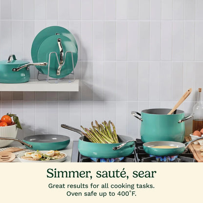 Cuisinart Ceramic Cookware Set, Nonstick 12-Piece Pots and Pans Set for Even Heat Cooking, Dishwasher Safe, Stainless Steel Handles & Easy Cleanup, Teal, 34C-12TL