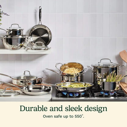 Cuisinart 17-Piece Stainless Steel Cookware Set, Chef's Classic Steel Collection with Pure Aluminum Core for Quick and Even Heat, Cool Grip Handles, Dishwasher Safe, 77-17N