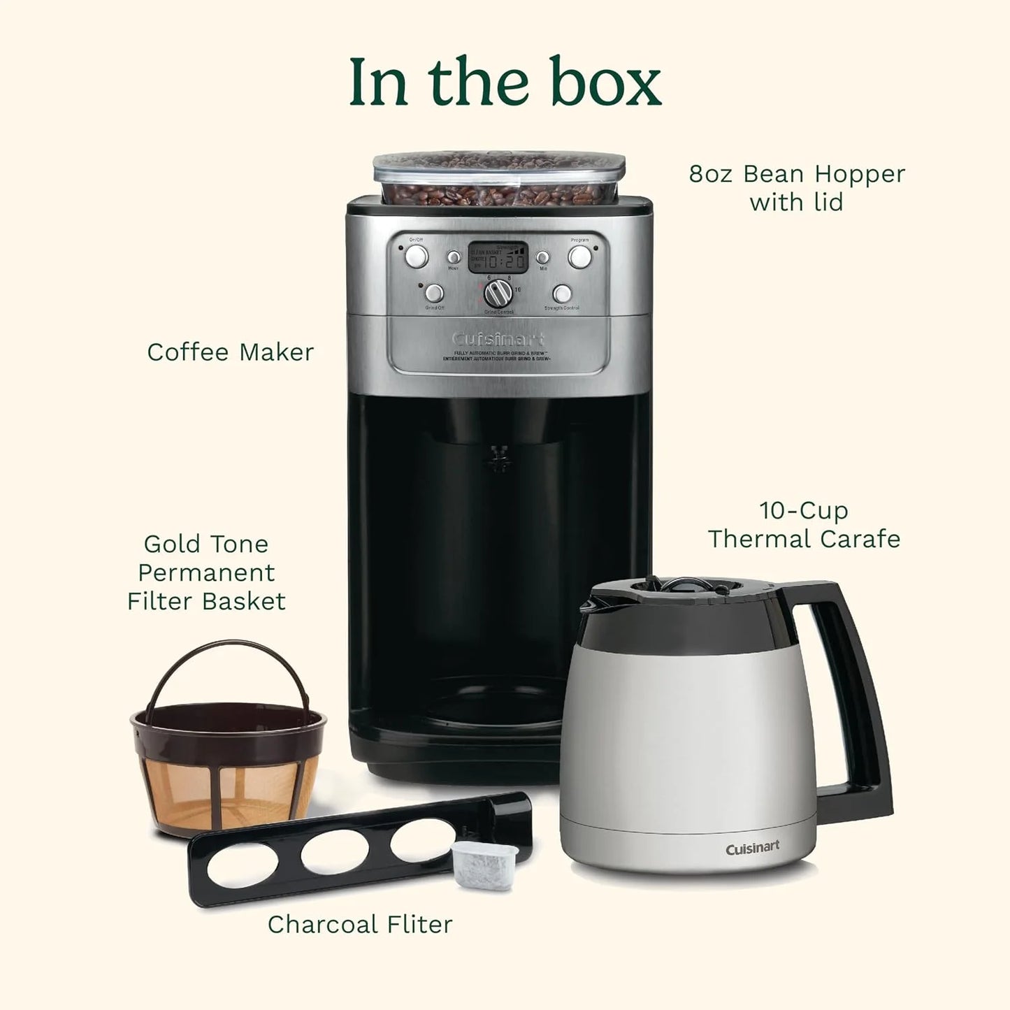 Cuisinart DGB-950BCC Burr Grind & Brew 10 Cup Automatic Coffee Maker, Thermal Carafe, Charcoal Water Filter, Programmable, Stainless Steel