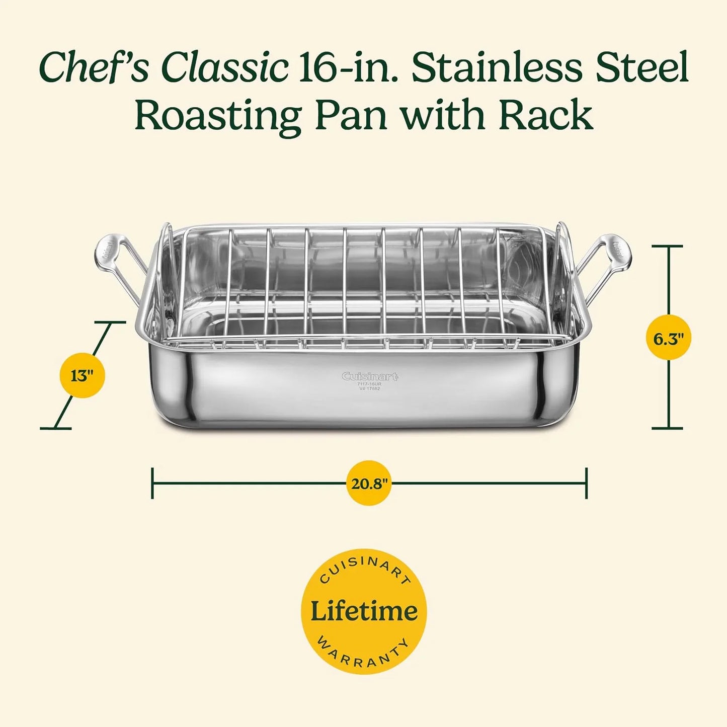 Cuisinart 16-Inch Roasting Pan, Induction Compatible Premium Rectangular Roaster Pan With Rack, Stainless Steel Roasting Pan with Rack, Large Capacity, Dishwasher Safe
