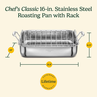 Cuisinart 16-Inch Roasting Pan, Induction Compatible Premium Rectangular Roaster Pan With Rack, Stainless Steel Roasting Pan with Rack, Large Capacity, Dishwasher Safe
